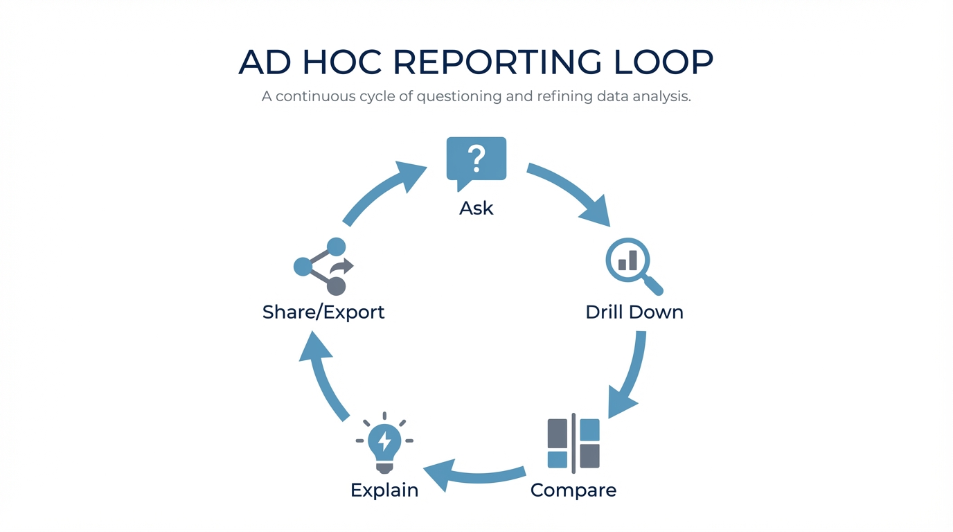 Diagram showing ad hoc reporting as an iterative loop: Ask → Drill down → Compare → Explain → Share/export