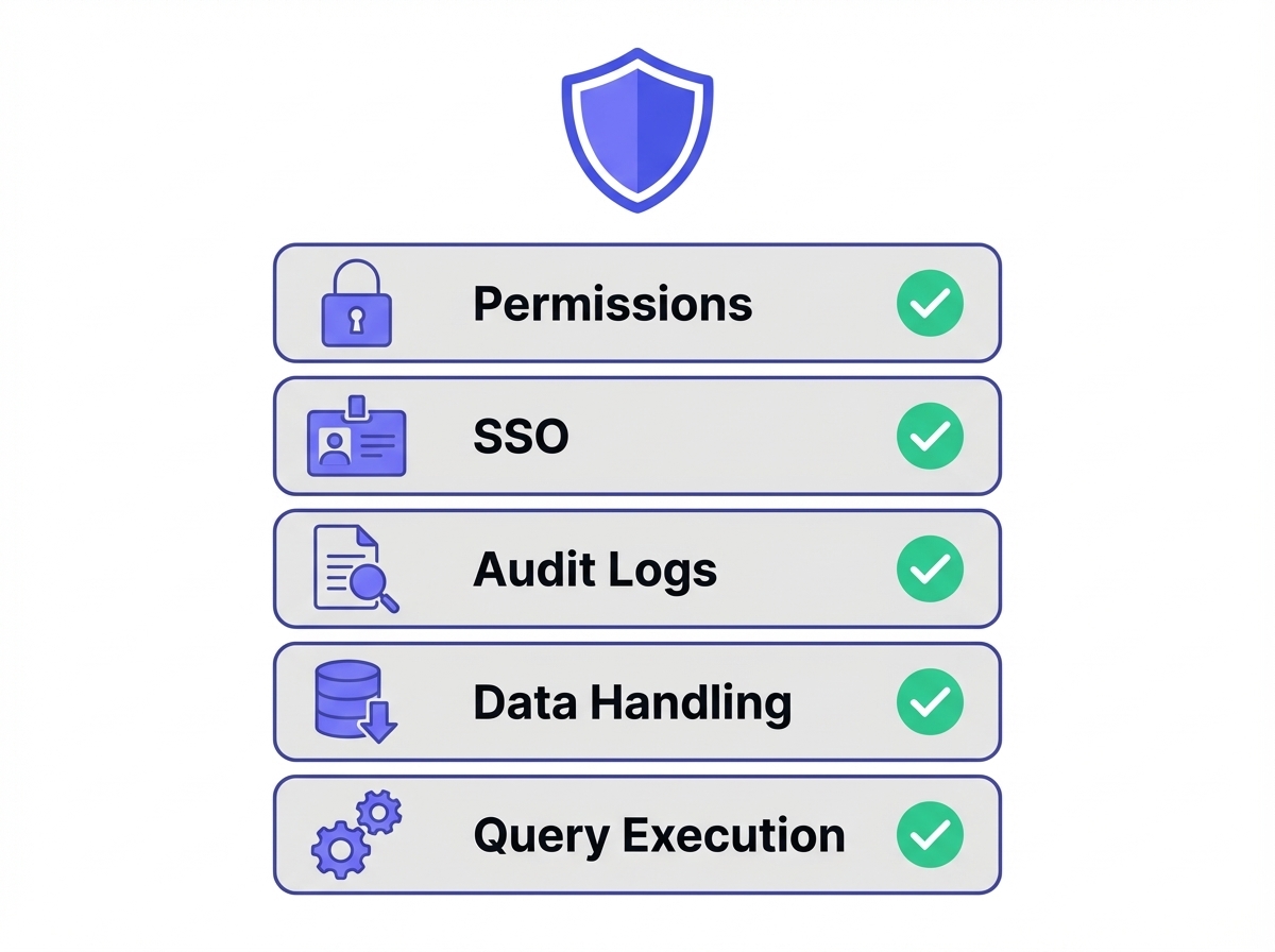 Security and governance checklist for ad hoc reporting software (permissions, SSO, audit logs, data retention)