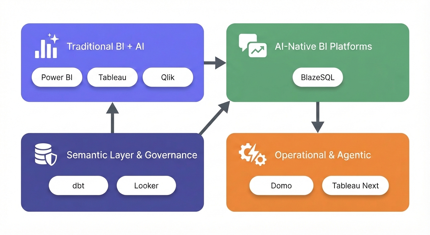 Categories of automated BI tools including traditional BI, AI-native platforms, and specialized tools